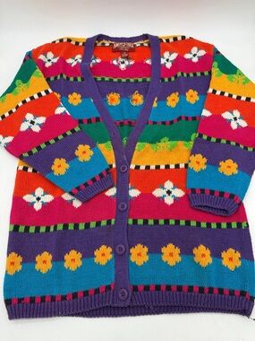 Vintage American Eagle Outfitters Multicolor Floral Stripe Cardigan Purple Trim